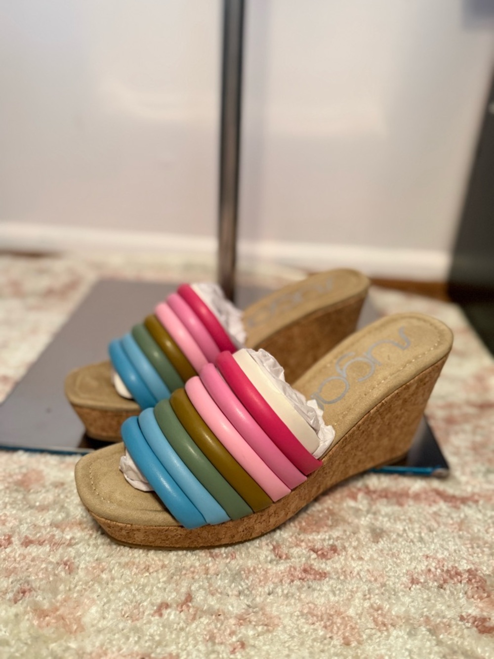 Sugar Multi-Stripe Cork Wedge Slide - Pink Blue Olive